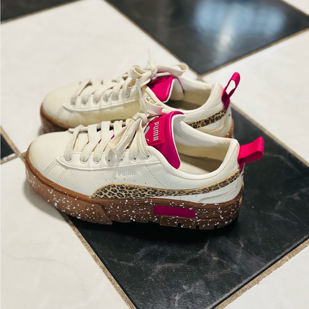 Puma White Sneakers with Leopard and Pink Highlights